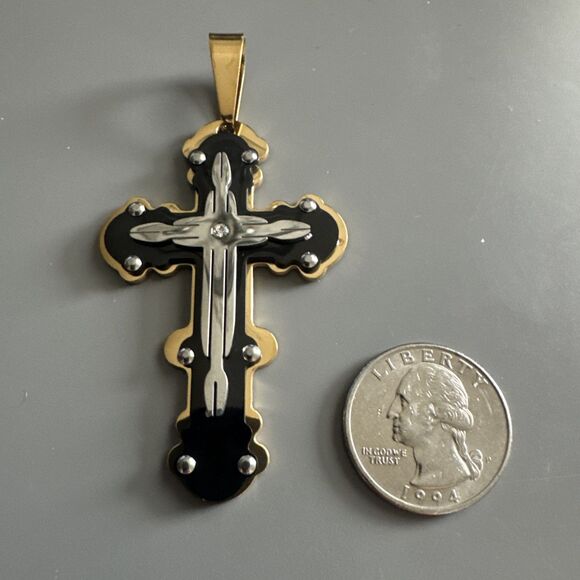 Stainless Steel Cubic Zirconia Gold Black Silver Plated Cross Pendant 24” Chain - Picture 4 of 7
